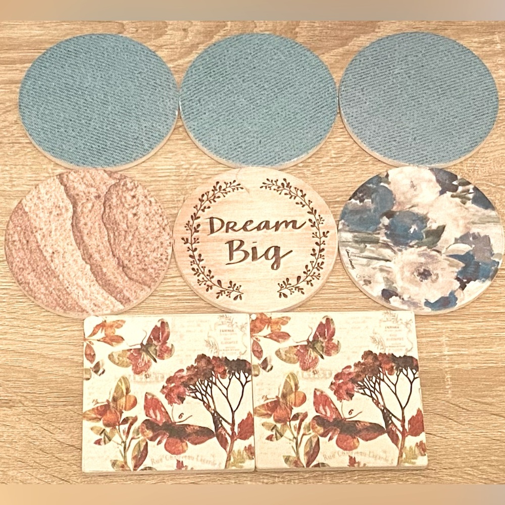Conimar Absorbent stone coasters lot of 8!! Variety floral textiles cork back 4”